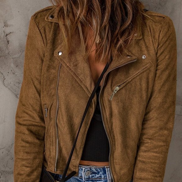 Vegan Suede Zip Detail Jacket Brown - Picture 2 of 6